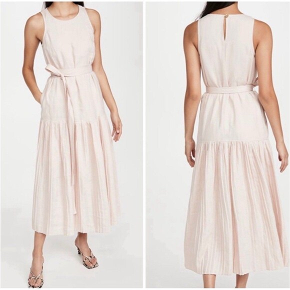Rebecca Taylor Light Pink Linen Sleeveless Pleated Preppy Maxi Dress M - Picture 1 of 12